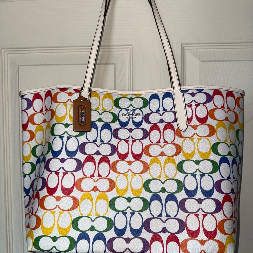 Coach Multicolor Rainbow Signature Canvas Tote - White Trim